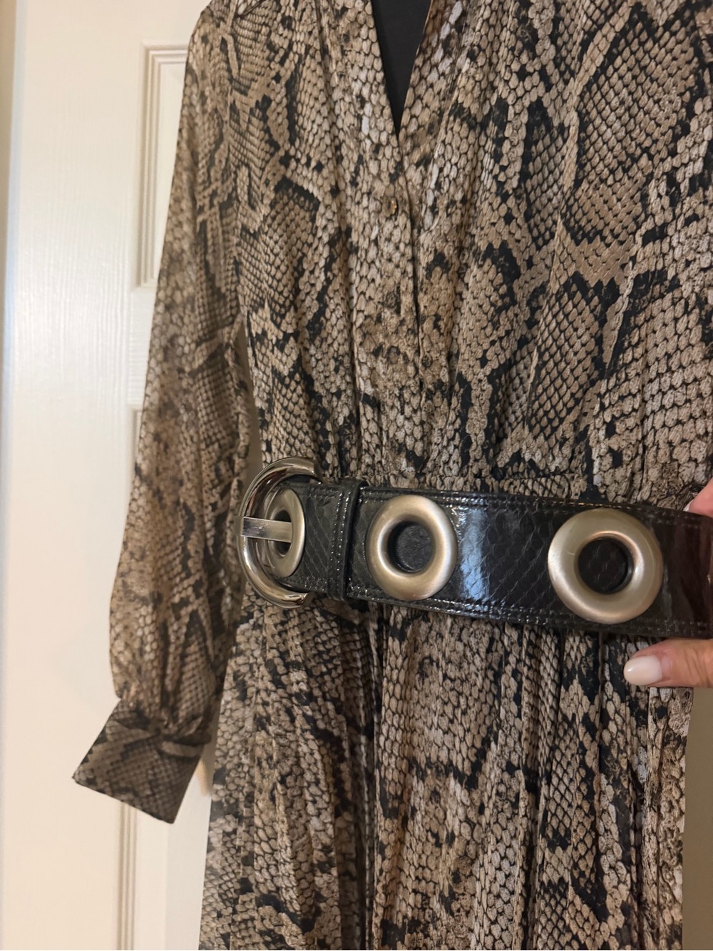 Zara Snake-Print Midi Dress in Tan and Black with Black Grommet Belt